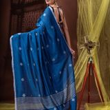 Handloom Floral Motive Saree - Blue, Soft Cotton