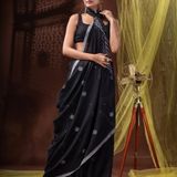 Handloom Floral Motive Saree - Black, Soft Cotton