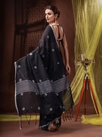 Handloom Floral Motive Saree - Black, Soft Cotton