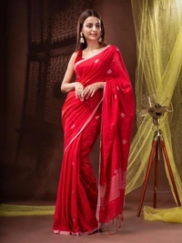 Handloom Floral Motive Saree - Red, Soft Cotton