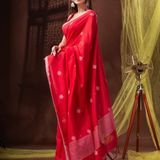 Handloom Floral Motive Saree - Red, Soft Cotton