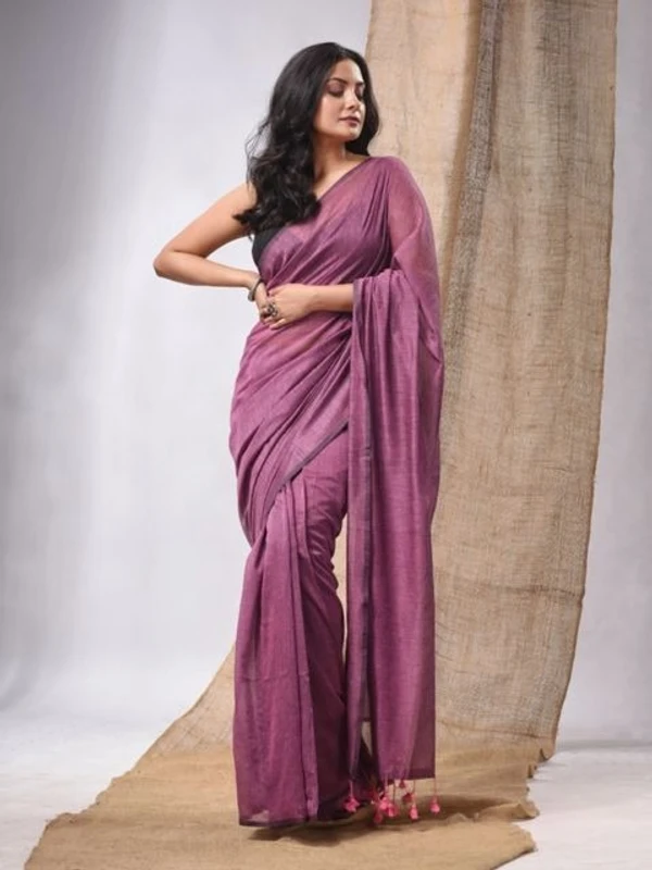 Handloom Solid Color Mul Cotton Saree - Free, Wisteria