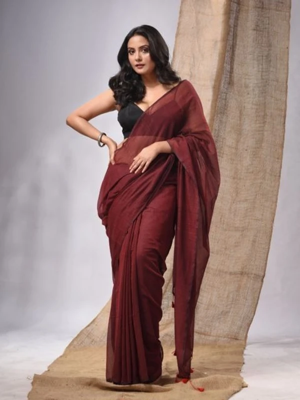 Handloom Solid Color Mul Cotton Saree - Free, Brown