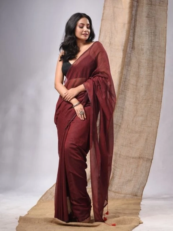 Handloom Solid Color Mul Cotton Saree - Free, Brown