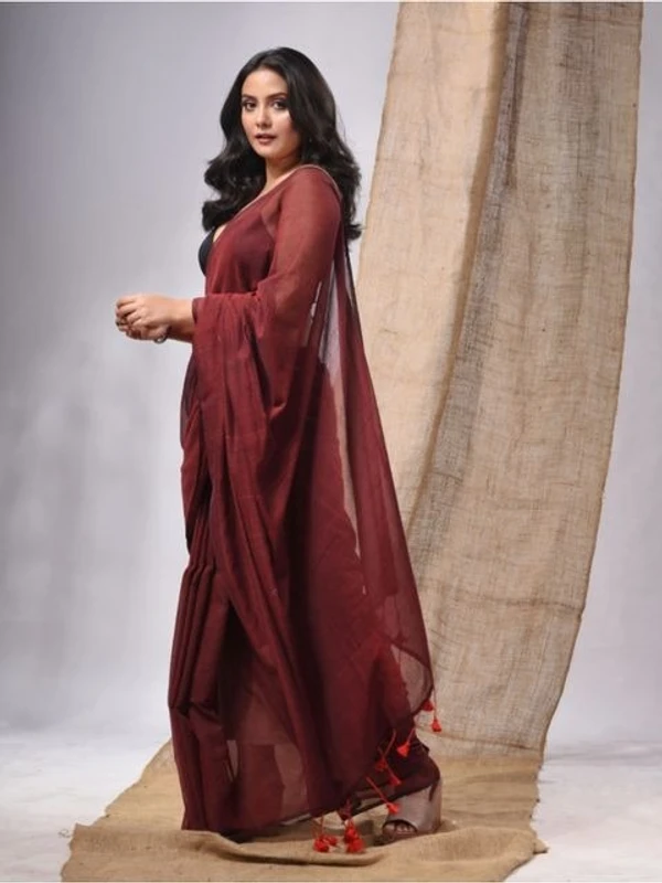 Handloom Solid Color Mul Cotton Saree - Free, Brown