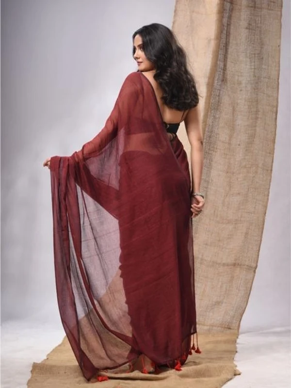 Handloom Solid Color Mul Cotton Saree - Free, Brown