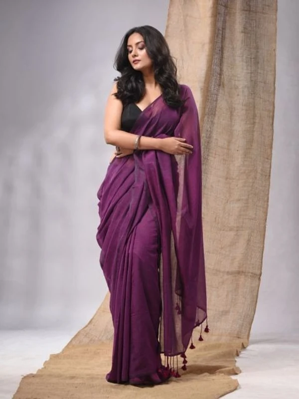 Handloom Solid Color Mul Cotton Saree - Free, Electric Violet