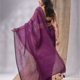 Handloom Solid Color Mul Cotton Saree - Free, Electric Violet