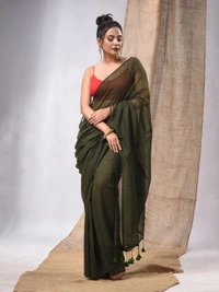 Handloom Solid Color Mul Cotton Saree - Free, Woodland