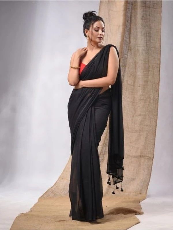 Handloom Solid Color Mul Cotton Saree - Free, Black