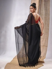 Handloom Solid Color Mul Cotton Saree - Free, Black