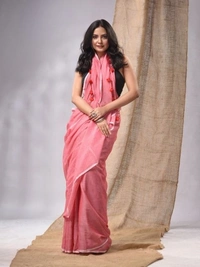 Handloom Solid Color Mul Cotton Saree - Free, Peach