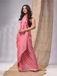 Handloom Solid Color Mul Cotton Saree - Free, Peach