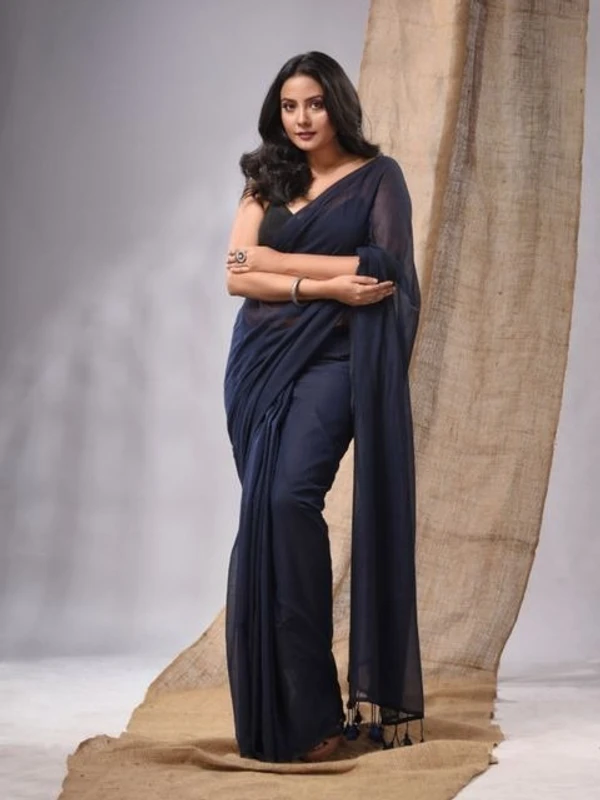 Handloom Solid Color Mul Cotton Saree - Free, Carbon Blue