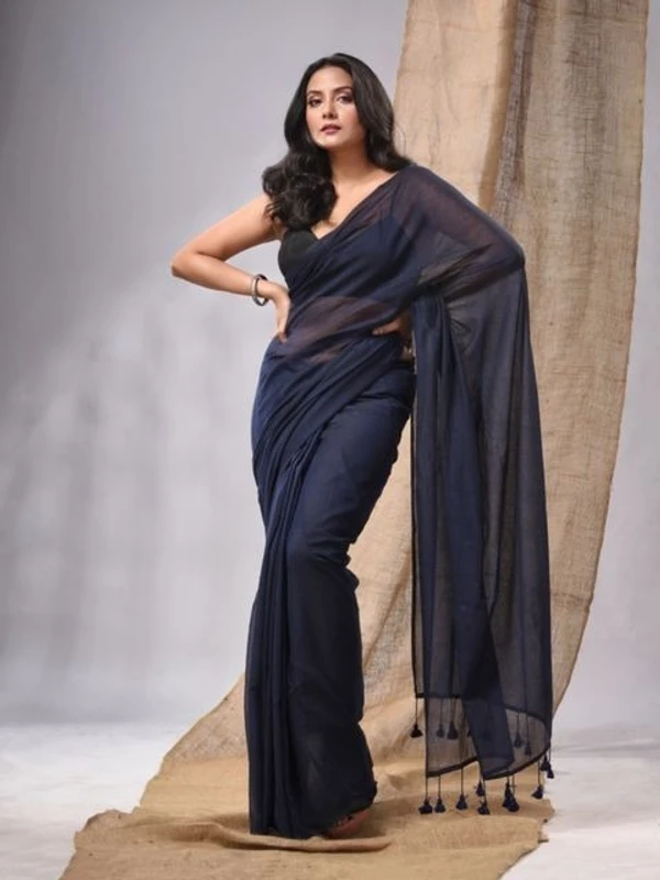 Handloom Solid Color Mul Cotton Saree - Free, Carbon Blue