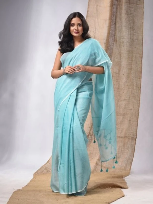 Handloom Solid Color Mul Cotton Saree - Free, Seagull