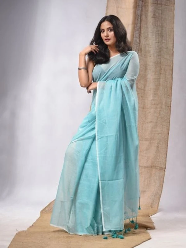 Handloom Solid Color Mul Cotton Saree - Free, Seagull