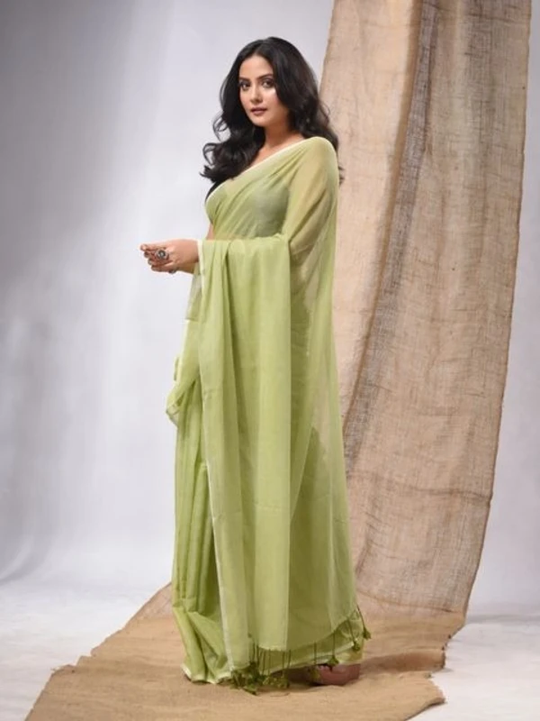 Handloom Solid Color Mul Cotton Saree - Free, Olive