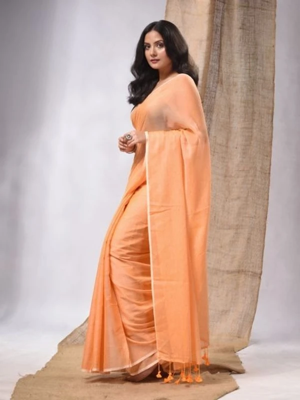 Handloom Solid Color Mul Cotton Saree - Free, Peach