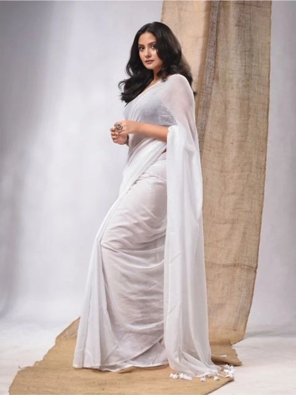 Handloom Solid Color Mul Cotton Saree - Free, White