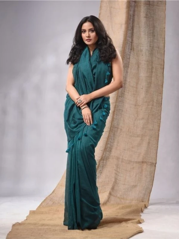 Handloom Solid Color Mul Cotton Saree - Free, Bay Leaf