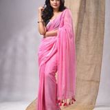 Handloom Solid Color Mul Cotton Saree - Free, Pink