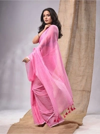 Handloom Solid Color Mul Cotton Saree - Free, Pink