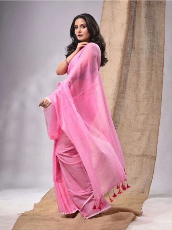 Handloom Solid Color Mul Cotton Saree - Free, Pink