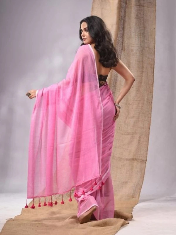 Handloom Solid Color Mul Cotton Saree - Free, Pink