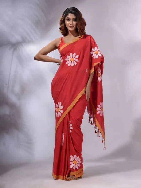 Hand Paint Floral Cotton Saree - Red, Cotton, Fabric Print, Fabric Print