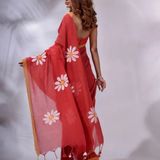 Hand Paint Floral Cotton Saree - Red, Cotton, Screen Print, Screen Print