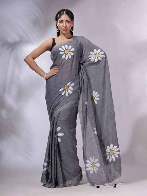 Hand Paint Floral Cotton Saree - Silver, Cotton, Fabric Print, Fabric Print