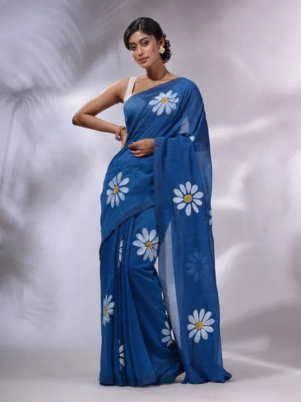 Hand Paint Floral Cotton Saree - Blue, Cotton, Screen Print, Screen Print