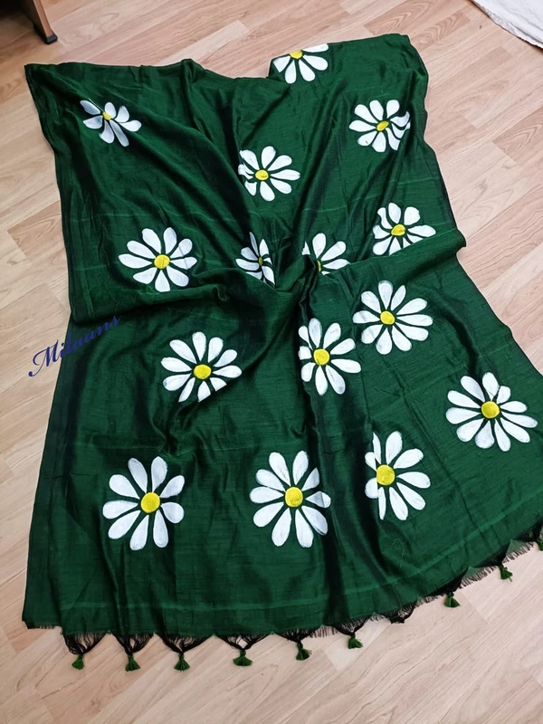 Hand Paint Floral Cotton Saree - Cardin Green, Mix Cotton, Screen Print, Screen Print