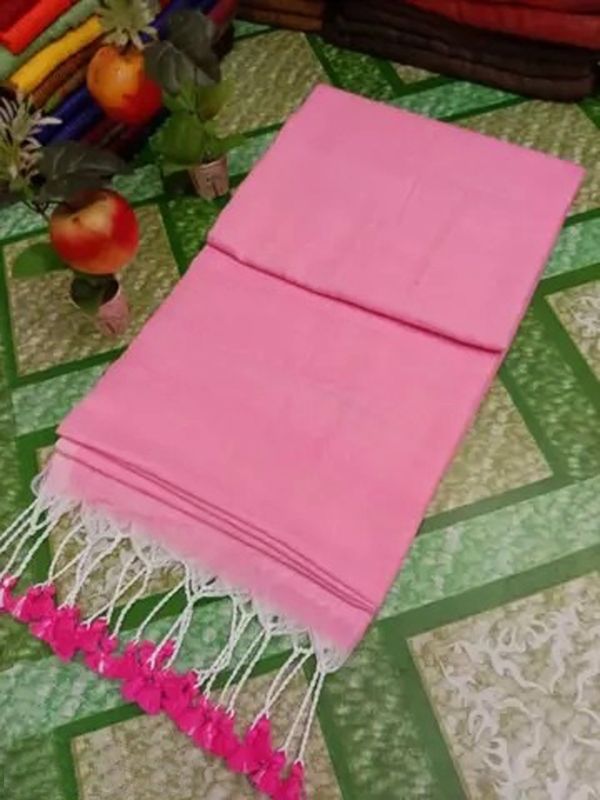 Handloom Solid Color Contrast Long Tassel Saree - Pink