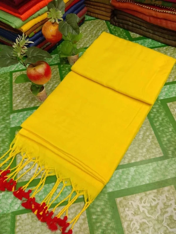 Handloom Solid Color Contrast Long Tassel Saree - Yellow