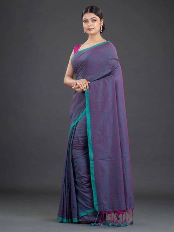 Handloom Contrast Border Cotton Saree - Fuchsia Blue