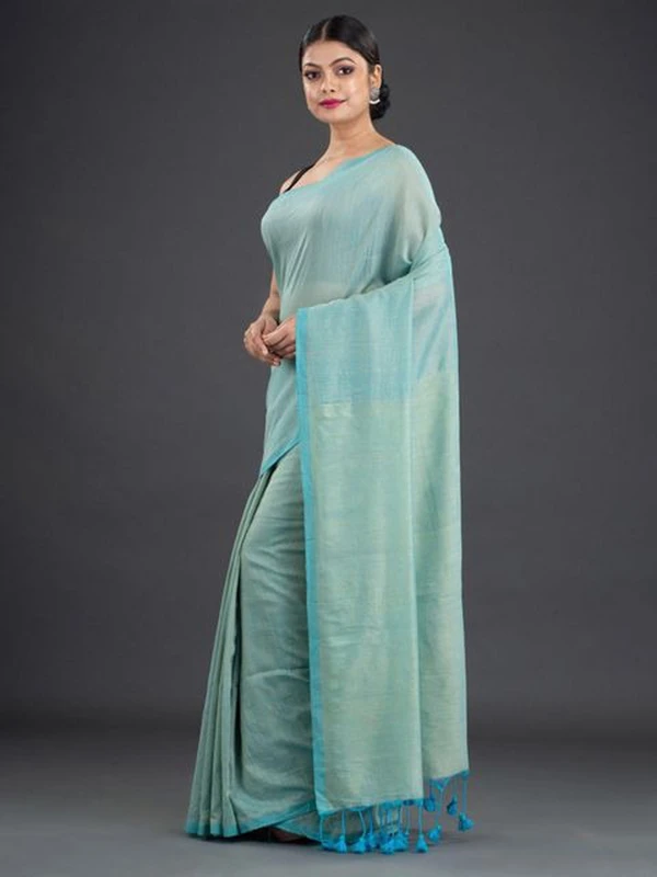 Handloom Contrast Border Cotton Saree - Cyan Aqua