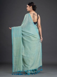 Handloom Contrast Border Cotton Saree - Cyan Aqua