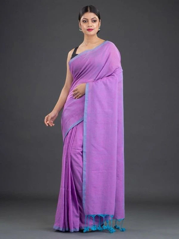 Handloom Contrast Border Cotton Saree - Free, Purple Heart, Mul Cotton