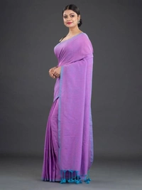 Handloom Contrast Border Cotton Saree - Purple