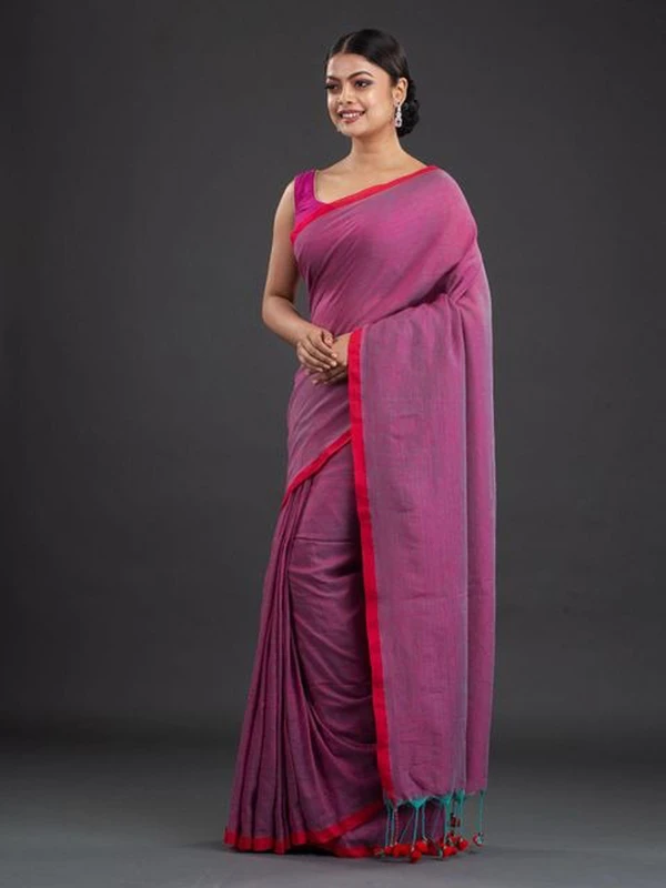 Handloom Contrast Border Cotton Saree - Violet