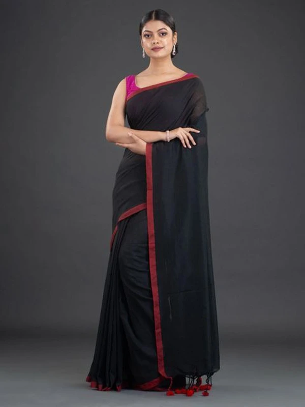 Handloom Contrast Border Cotton Saree - Black