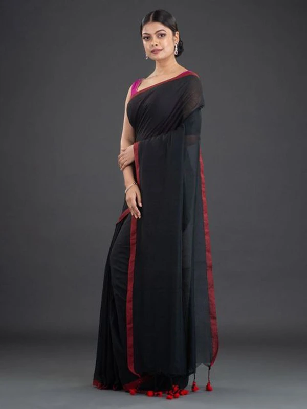 Handloom Contrast Border Cotton Saree - Free, Black, Cotton