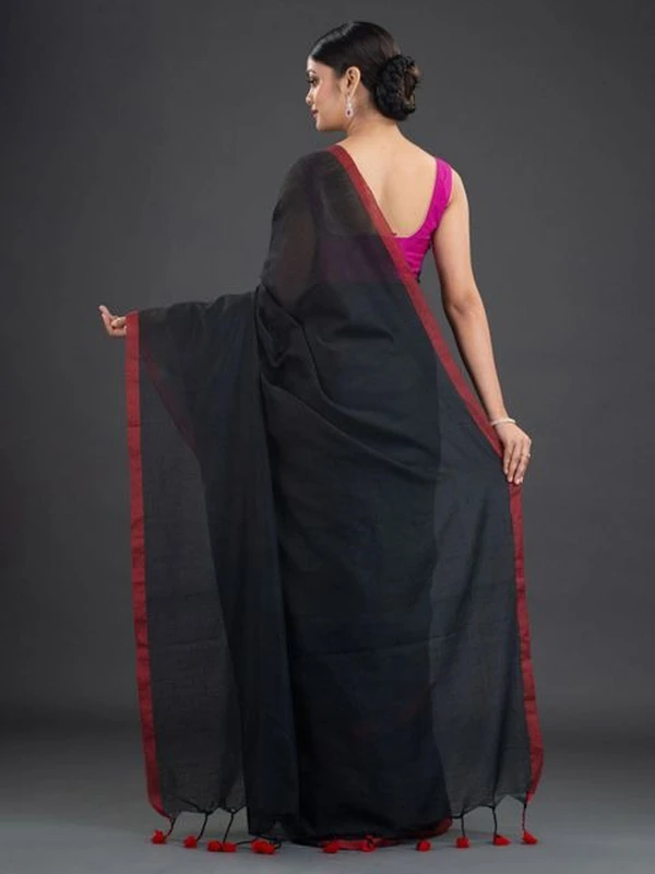 Handloom Contrast Border Cotton Saree - Free, Black, Mul Cotton