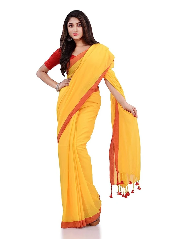 Handloom Contrast Border Cotton Saree - Yellow