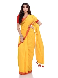 Handloom Contrast Border Cotton Saree - Yellow