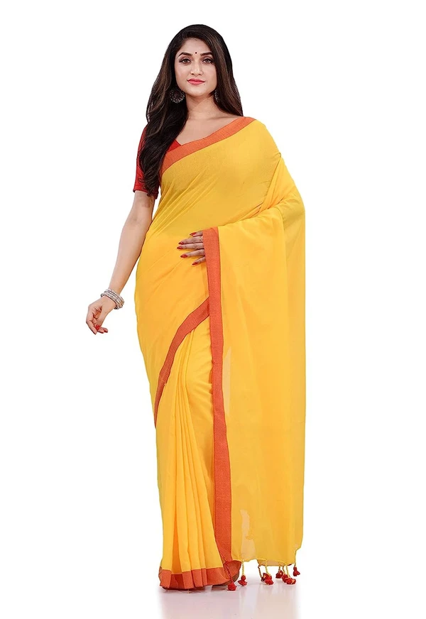 Handloom Contrast Border Cotton Saree - Free, Yellow, Mul Cotton