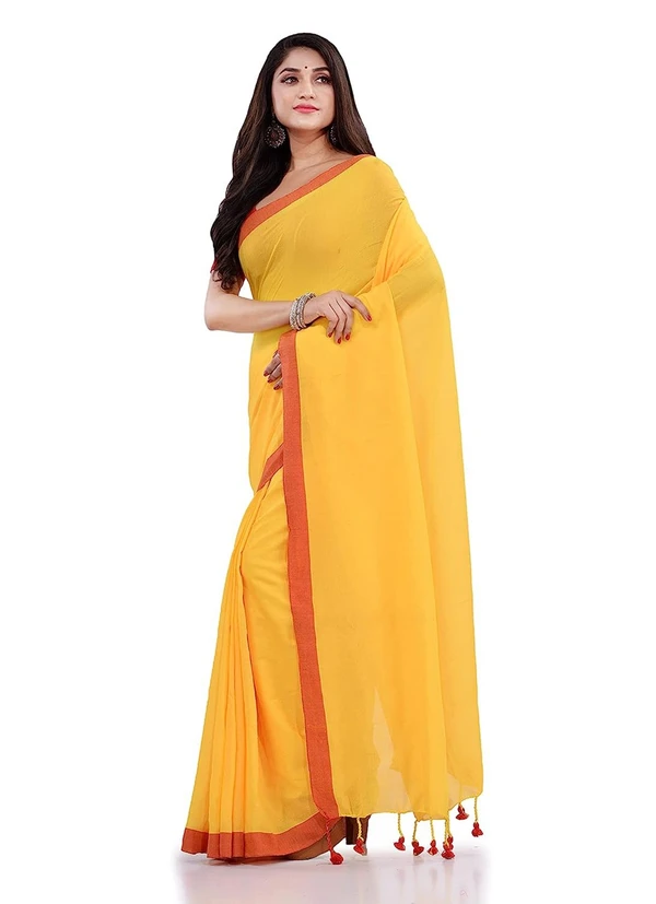 Handloom Contrast Border Cotton Saree - Yellow