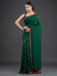 Handloom Contrast Border Cotton Saree - Cardin Green